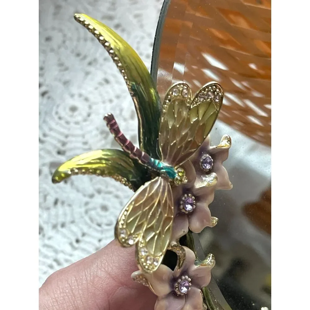 Vtg MCM Dragonfly Mirror Enamel Rhinestone Floral Jewelry Table Top Vanity Decor